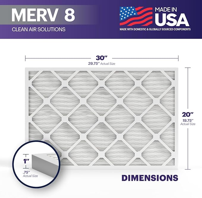 BNX TruFilter 20x30x1 Air Filter MERV 8 (4-Pack) - MADE IN USA – Dust & Pet Defense Electrostatic Pleated Air Conditioner HVAC AC Furnace Filters for Dust, Pet, Mold, Pollen MPR 600 – 700 & FPR 5