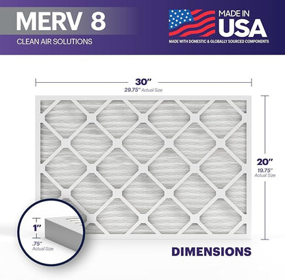 BNX TruFilter 20x30x1 Air Filter MERV 8 (4-Pack) - MADE IN USA – Dust & Pet Defense Electrostatic Pleated Air Conditioner HVAC AC Furnace Filters for Dust, Pet, Mold, Pollen MPR 600 – 700 & FPR 5