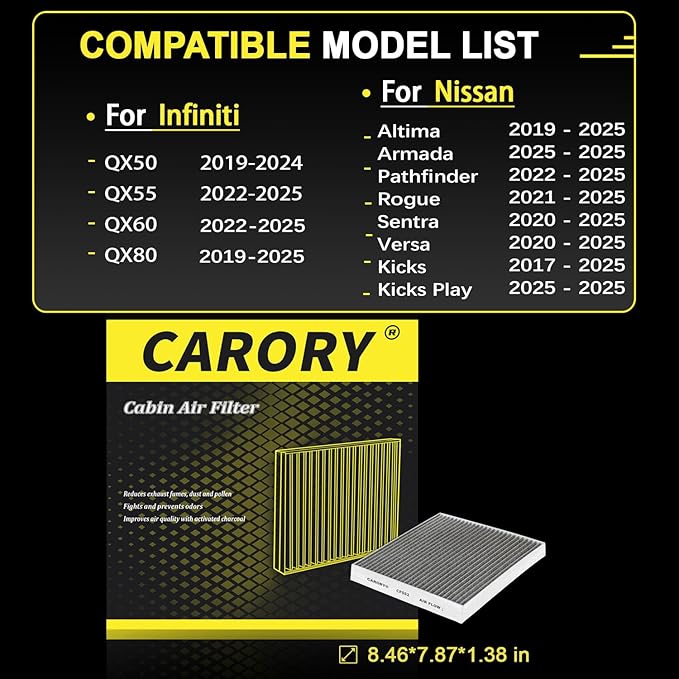 Cabin Air Filter w/Activated Carbon for Nissan Rogue 21-25, Altima 19-25, Kicks 18-25, Pathfinder 22-25, Sentra 20-25, Versa 20-25, INFINITI QX50 19-24, QX55 22-25, QX60 22-25, QX80 19-25