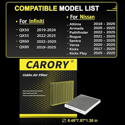 Cabin Air Filter w/Activated Carbon for Nissan Rogue 21-25, Altima 19-25, Kicks 18-25, Pathfinder 22-25, Sentra 20-25, Versa 20-25, INFINITI QX50 19-24, QX55 22-25, QX60 22-25, QX80 19-25