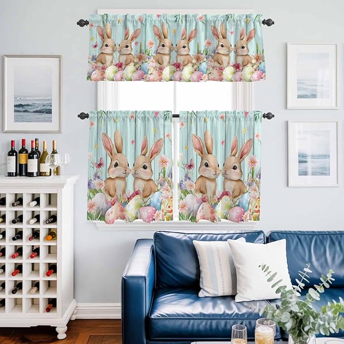 Easter Kitchen Curtains Set 3 Piece for Windows, Rod Pocket Valance and Tier Set 24 Inch Length, Spring Rabbit Colorful Eggs Flowers Wooden Grain Light Filtering Cafe Curtains for Living Room Bathroom