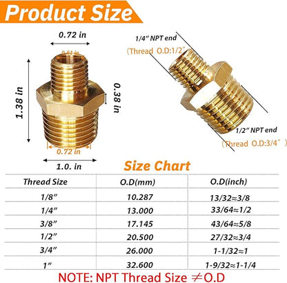 2pcs 1/2" NPT x 1/4" NPT Brass Nipple, 1/2 to 1/4 Adapter Fitting Reducing Solid Hex Brass Nipple, 1/2 Male to 1/2 Male Reducer Pipe Fittings for Extending and Connecting Pipes