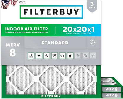 Filterbuy 20x20x1 Air Filter MERV 8 Essential Dust & Allergy Defense (3-Pack), Electrostatic Pleated HVAC AC Furnace Filters Replacement, Made in USA (Actual Size: 19.50 x 19.50 x 0.75)