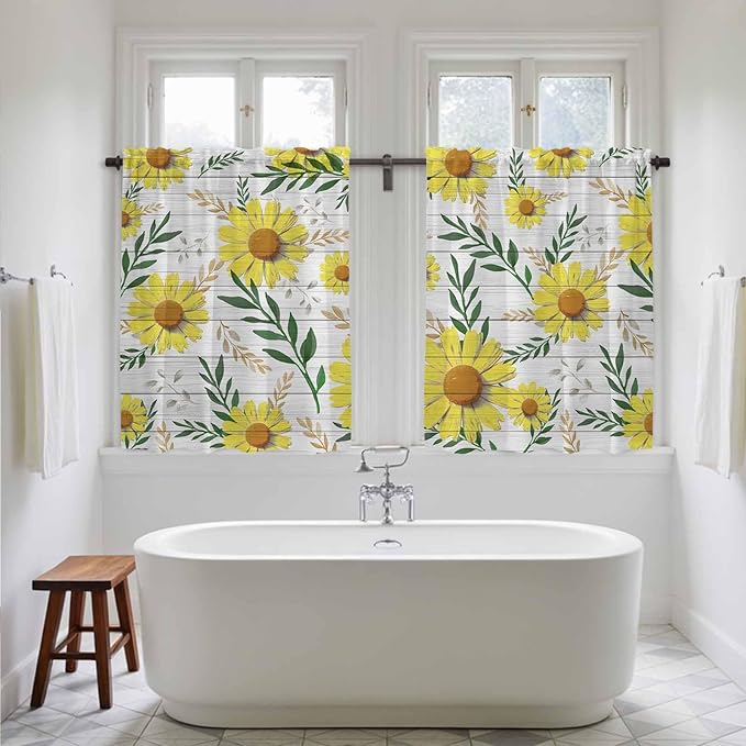 Yellow Daisy Tier Curtains, Farmhouse Country Flower Leaf Plant Wood Grain Light Filtering Kitchen Curtains, 2Pcs Rod Pocket Half Window Treatments Panels for Sink Cafe Cabinet Basement 27.5x45 Inches