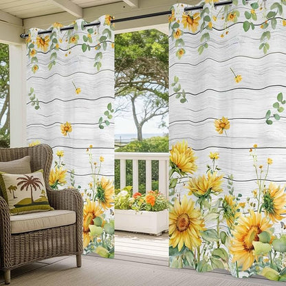 Sunflowers Outdoor Curtains for Patio Summer Floral Eucalyptus Leaf Wood Plank Waterproof Outside Curtains with Grommet Top Weatherproof Curtain for Cabana Pergola Gazebo, 2 Pack, 54" W x 84" L