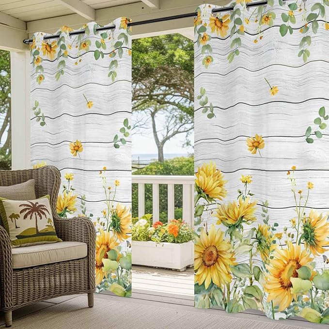 Sunflowers Outdoor Curtains for Patio Summer Floral Eucalyptus Leaf Wood Plank Waterproof Outside Curtains with Grommet Top Weatherproof Curtain for Cabana Pergola Gazebo, 1 Panel, 54" W x 95" L