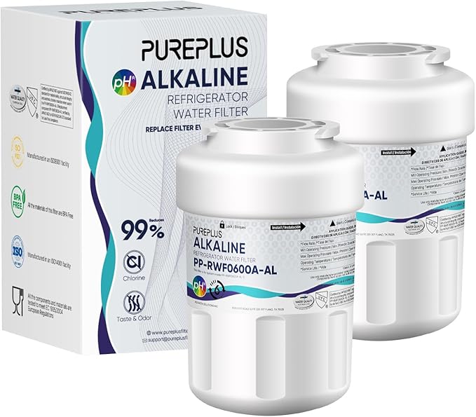 PUREPLUS Alkaline Replacement for GE® MWF®, SmartWater® MWFP, MWFINT, MWFA, GWF, HDX FMG-1, Kenmore® 9991, WFC1201, GSE25GSHECSS, Water Filter, 2 Pack