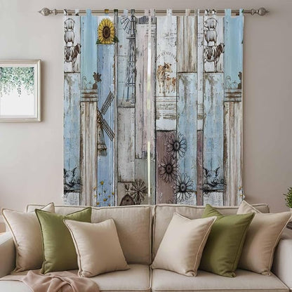 Blue Grey Wooden Living Room Curtains 84 Inch Length, Window Curtains Tab Top, Farmhouse Barn Sunflowers Retro Light Filtering Window Treatments Drapes 52"x84" 2 Panel