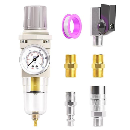 TAILONZ PNEUMATIC 1/4 Inch NPT Air Filter Pressure Regulator Combo Piggyback, 5 Micron Brass Element Air Tool Compressor Filter with Gauge AW2000-02