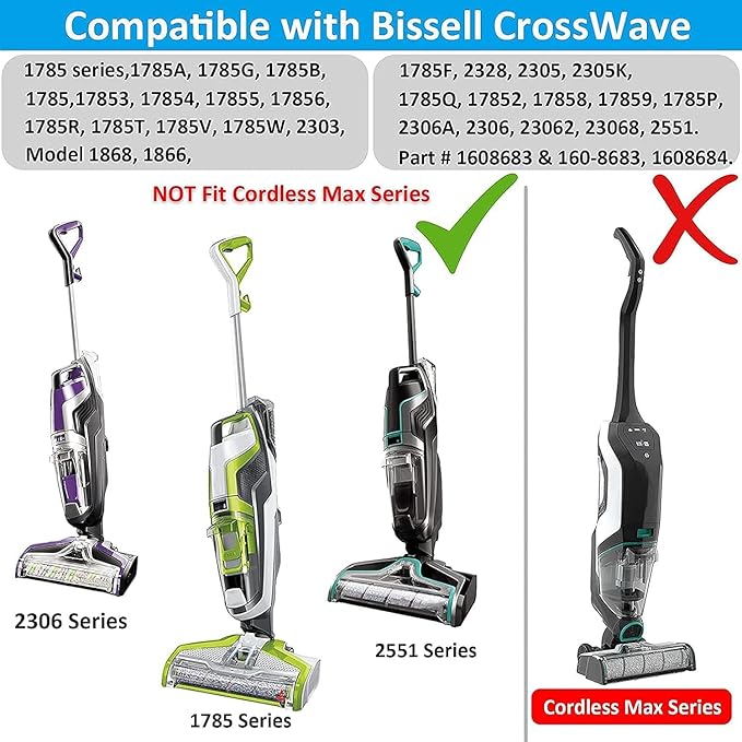 for Bissell CrossWave Vacuum Cleaner Replacement Parts 4 Pack 1868 Bissell CrossWave Multi-Surface Brush Rolls Tangle-Free+ 4 Pack 1866 Replacement Vacuum Filters Compare Part 1608683 1608684