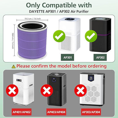 AP301 AP302 HEPA filter Replacement, ONLY for Dayette AP301 AP302 Air Purifier, HEPA and More Carbon Particles, Pets Odors filter