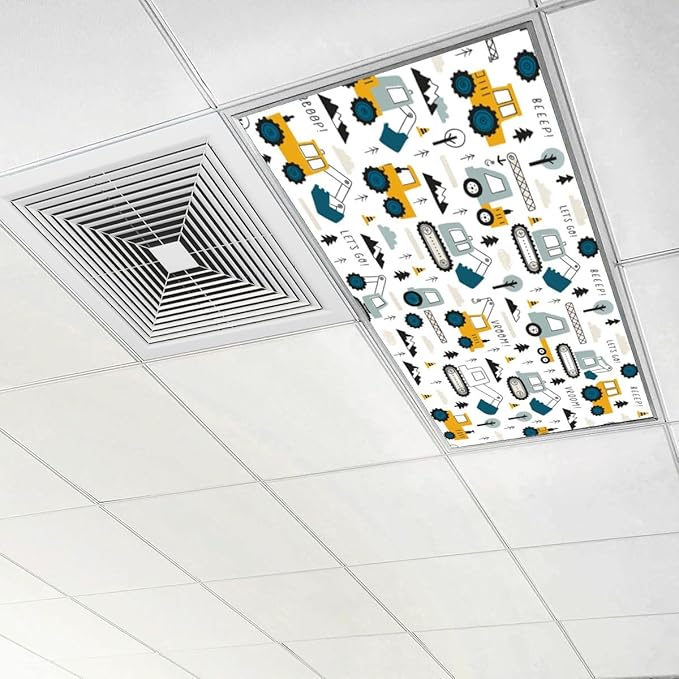 6 Pcs Fluorescent Light Covers for Ceiling Lights Construction Vehicle Excavators Trucks Mountains Decorative Magnets Light Filters for Office Home Classroom Must Haves 4’ x 2’
