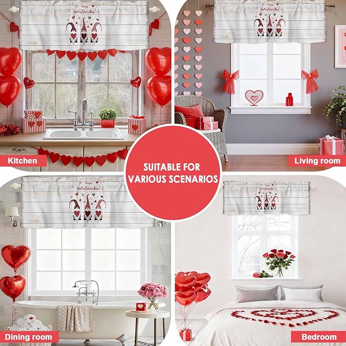Happy Valentine's Valance Curtains for Kitchen, Day Gnomes Love Heart on Rustic Wood Grain Privacy Rod Pocket Valance Curtain, Light-Filtering Window Treatment for Bedroom Bathroom, 60"x18"