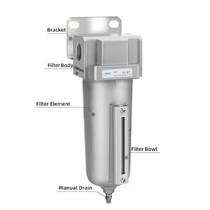 NANPU Industrial Grade Heavy Duty Particulate Filter, Metal Bowl, Suitable for Paint Spray (1/2" NPT, Manual Drain)