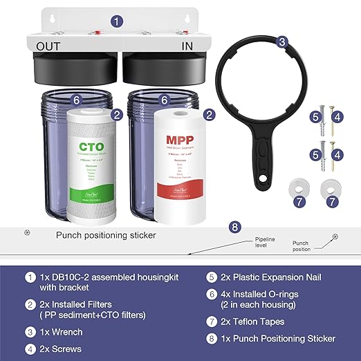 SimPure Whole House Water Filter System, 2 Stages Clear Home Water Pre-Filtration with Carbon and Sediment Filters, Reduce Odor, Chlorine, Taste, Iron, 1" NPT Brass Port, BPA Free(DB10C-2)