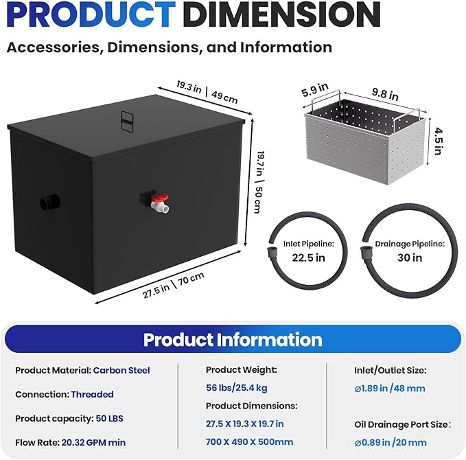 20.3 GPM Under Sink Grease Trap with Filter Baskets, 50 LBS Commercial Grease Trap, 27.5x19.3x19.7 in, 3-Layer Steel Grease Interceptor for Kitchen, Restaurant, Food Processing