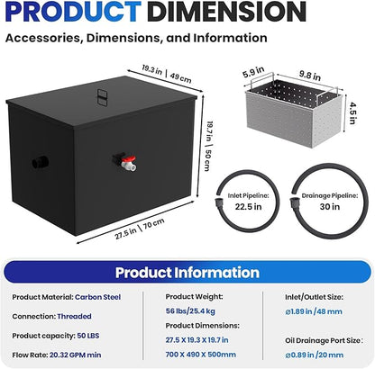 20.3 GPM Under Sink Grease Trap with Filter Baskets, 50 LBS Commercial Grease Trap, 27.5x19.3x19.7 in, 3-Layer Steel Grease Interceptor for Kitchen, Restaurant, Food Processing