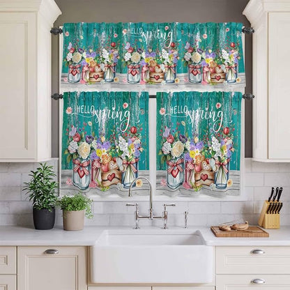 Spring Flowers Kitchen Curtain Set, Farmhouse Watercolor Teal Wood Grain Window Valance and Tiers 36" Length, Light Filtering Short Curtains Valance for Cafe Bathroom Bedroom 54"x18"