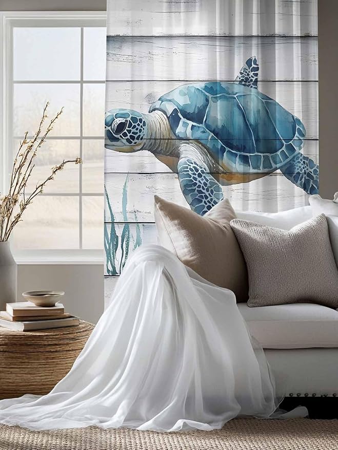 Sheer Curtains 72 Inches Long, Sea Turtle Blue Semi Sheer Curtains Light Filtering Window Treatment, Coastal Ocean Seaweed Wood Grain Privacy Voile Drapes for Living Room Bedroom 52x72 Inch