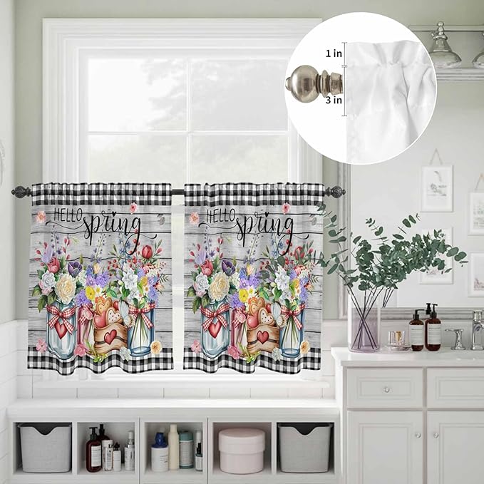 Kitchen Curtains Tiers and Valance Set of 3, Spring Flowers Light Filtering Window Curtain Set, Farmhouse Black Plaid Wood Grain Rod Pocket Curtain Drapes for Cafe, Living Room, 36 Inches Tiers