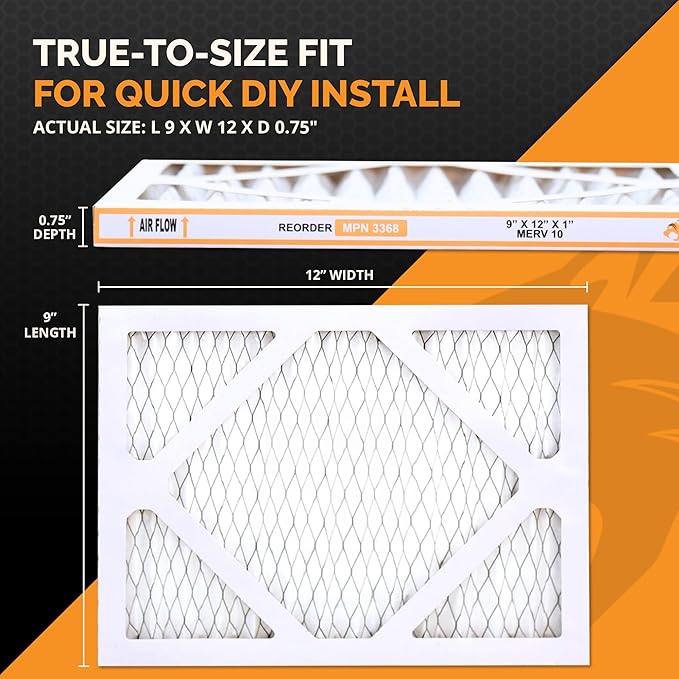 Tiger Tough MERV 10 Air Filters, 9x12x1 – MPR 1000 Pleated HVAC AC Furnace Filter Replacement for Home, Pack of 12
