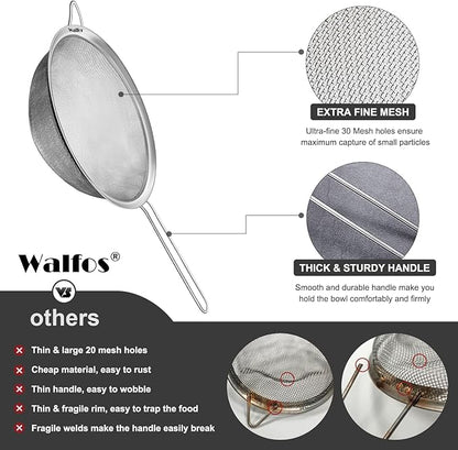 Walfos 8.6 Inch Large Fine Mesh Strainer, Kitchen Metal Food Strainers with Sturdy Handle, Stainless Steel 30 Mesh Sieve Sifters for Rice, Quinoa, Pasta, Fruits, Vegetables, etc.
