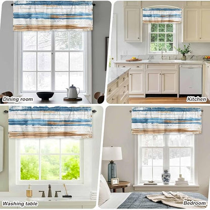 Vintage Blue Valances for Windows, Brown Wood Grain Mottled Texture Abstract Art Kitchen Valance Light Filtering Rod Pocket Short Curtains for Kitchen Bathroom, 1 Panel, 60"x18"