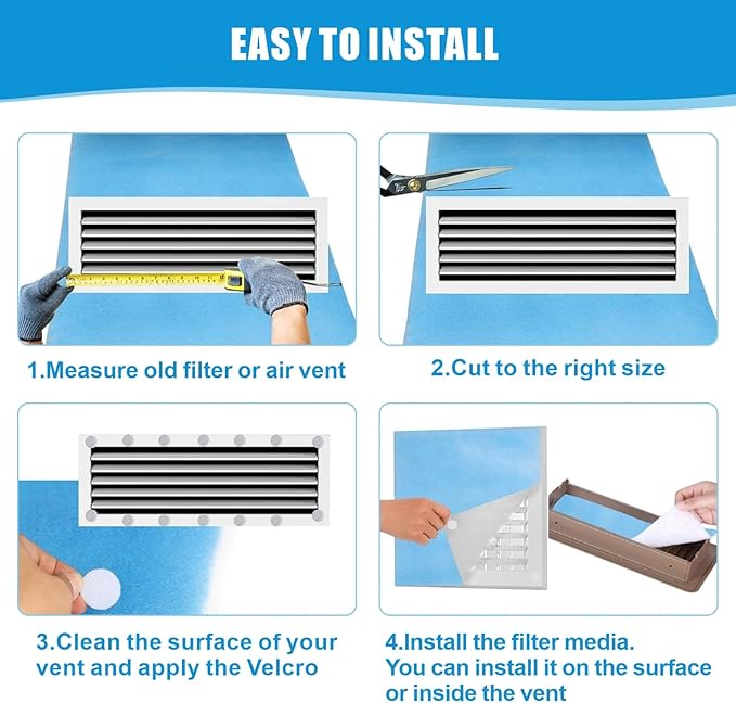 Air Vent Filters Roll, 120" x 12" Cut to Fit Air Filter Material (50+ Filters), MERV 8 Triple Vent Filter for Home Floor, HVAC Furnace Vents, Ceiling, with Adhesive Hook Tape and Installation Tape