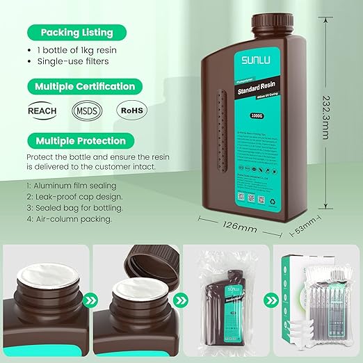 SUNLU 3D Printer Resin 2kg, Fast Curing Standard 3D Resin for LCD DLP SLA Resin 3D Printers, 395 to 405nm UV Curing 3D Printing Liquid Photopolymer Resin, Low Shrinkage, High Precision, 2000g, Beige