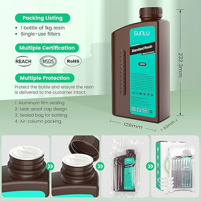 SUNLU 3D Printer Resin 2kg, Fast Curing Standard 3D Resin for LCD DLP SLA Resin 3D Printers, 395 to 405nm UV Curing 3D Printing Liquid Photopolymer Resin, Low Shrinkage, High Precision, 2000g, Beige