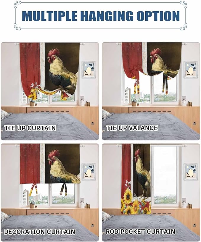 Tie Up Curtains for Windows, Chicken Sunflowers Adjustable Balloon Nature Linen Textured Kitchen Curtain, Farmhouse Animals Red Barn Bees Blackout Curtains for Living Room, 46 x 63 Inches