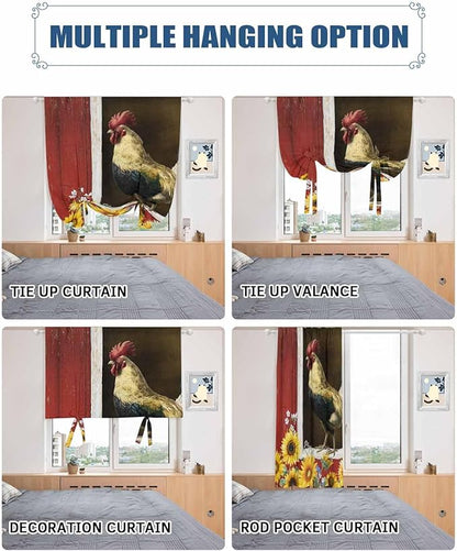 Tie Up Curtains for Windows, Chicken Sunflowers Adjustable Balloon Nature Linen Textured Kitchen Curtain, Farmhouse Animals Red Barn Bees Blackout Curtains for Living Room, 46 x 63 Inches