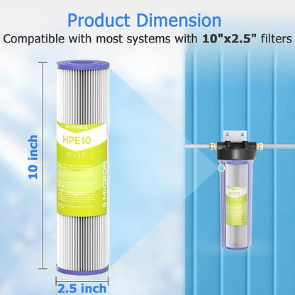 5 Micron Whole House Water Filter Cartridge, Pleated Sediment Filters for Well Water, Universal Replacement for Any 10 inch RO Unit - 10" x 2.5" Cartridges - Pack of 6
