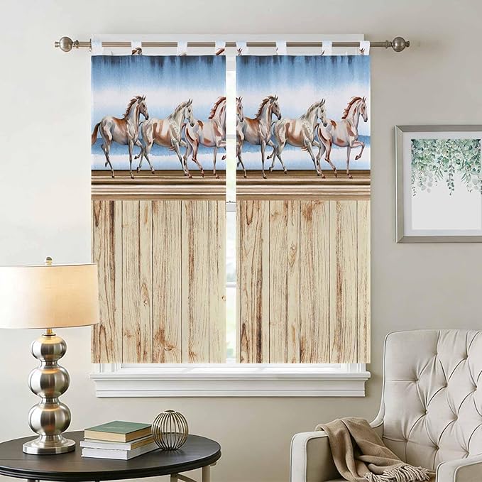 Western Horse Bathroom Curtains 63 Inch Length, Window Curtains Tab Top, Farmhouse Wooden Grain Vintage Cowboy Barn Door Light Filtering Window Treatments Drapes 52"x63" 2 Panel