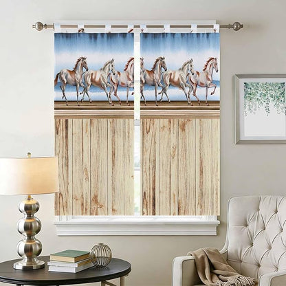 Western Horse Bedroom Curtains 72 Inch Length, Window Curtains Tab Top, Farmhouse Wooden Grain Vintage Cowboy Barn Door Light Filtering Window Treatments Drapes 52"x72" 2 Panel