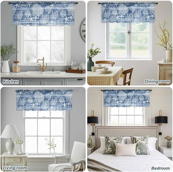 Navy Blue Retro Summer Sheer Valance Curtains, Sea Turtle Starfish Coral Ocean Light Filtering Kitchen Valances Rod Pocket Voile Curtain Window Treatment for Bedroom/Living Room/Basement 42Wx12L