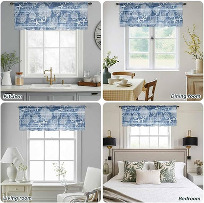 Navy Blue Retro Summer Sheer Valance Curtains, Sea Turtle Starfish Coral Ocean Light Filtering Kitchen Valances Rod Pocket Voile Curtain Window Treatment for Bedroom/Living Room/Basement 42Wx18L