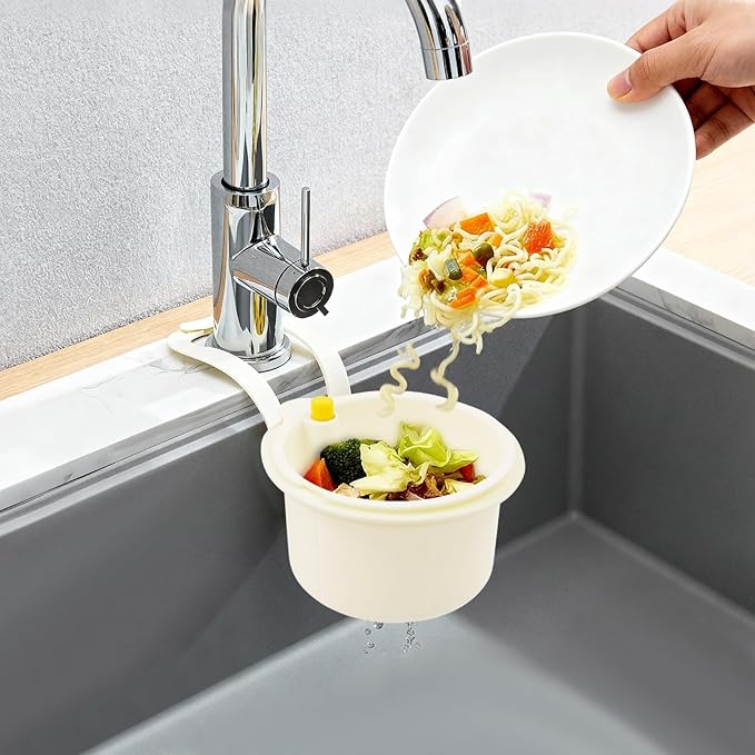 JOMCYDM Kitchen Sink Basket, Faucet Hanging Draining Basket, Kitchen Waste Catcher Hands-Free Press to Empty, Prevents Clogs & Messy Scraping (White)