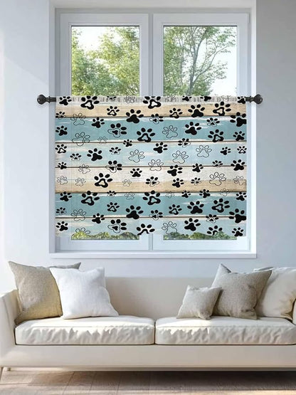 Sheer Curtains 45 Inch Length, Blue Beige Paw Print Semi Sheer Curtains Light Filtering Window Treatment, Vintage Farmhouse Country Wood Grain Privacy Voile Drapes for Living Room Bedroom 52x45 Inch