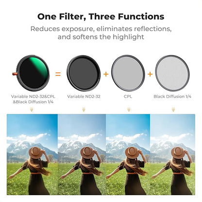 K&F CONCEPT 40.5mm Black Diffusion Mist Effect 1/4 & Variable ND2-32(1-5 Stops) & Circular Polarizing Filter CPL-in 1 HD Lens Filter with 28 Multi-Coatings for Camera Lenses (Nano-X Series)