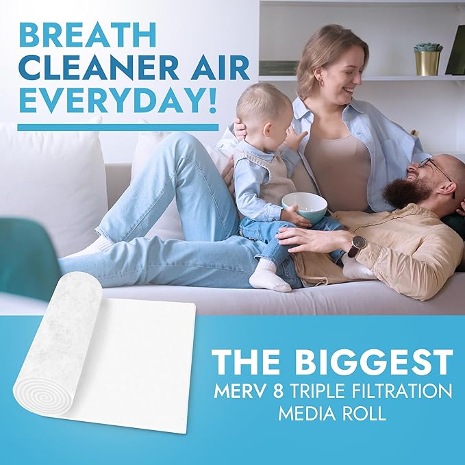 Cut to Size Floor Vent Air Filters for home - MERV 8 Electrostatic Cut to Fit Air Filter Roll & Adhesive Hook Tape (50+ Filters) (12" x 90" Triple Filtration)