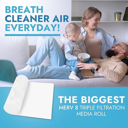 Cut to Size Floor Vent Air Filters for home - MERV 8 Electrostatic Cut to Fit Air Filter Roll & Adhesive Hook Tape (50+ Filters) (12" x 90" Triple Filtration)