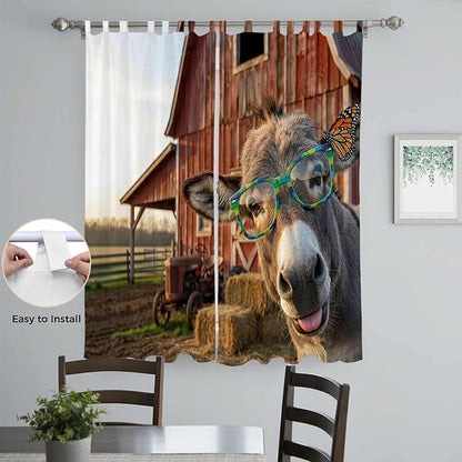 Farm Donkeys Living Room Curtains 84 Inch Length, Window Curtains Tab Top, Farmhouse Barn Funny Animals Butterfly Light Filtering Window Treatments Drapes 52"x84" 2 Panel