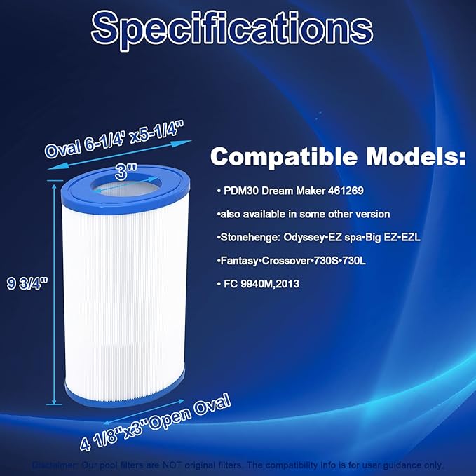 30 sq.ft Hot Tub Filter Compatible with PDM30 Dream Maker Hot Tubs 461269, Filbur FC9940, L x OD: 9 3/4"" x Oval 6-1/4"x5-1/4, NSF Certified, 1 Pack