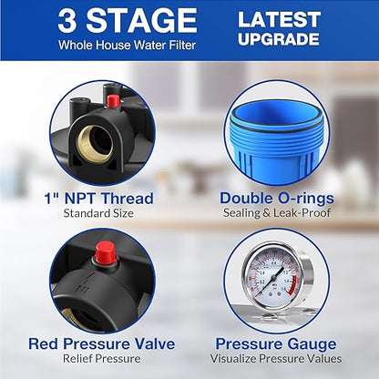 SimPure Whole House Water Filter System, 3-Stage Clear Home Water Pre-Filtration with Carbon Sediment and GAC Filters, Reduce Odor, Chlorine, Taste, Iron, 1" NPT Brass Port, BPA Free (DB20P-3)