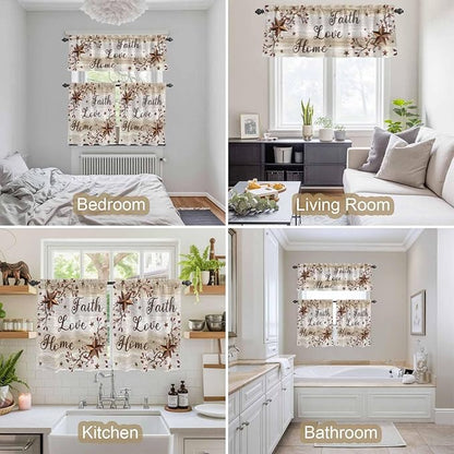 Kitchen Curtains Tiers and Valance Set of 3, Texas Star Brown Light Filtering Window Curtain Set, Farmhouse Retro Branches Wooden Grain Rod Pocket Curtain Drapes for Cafe, Living Room, 36 Inches Tiers