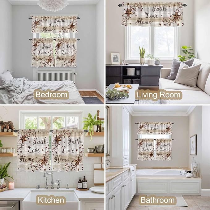 Kitchen Curtains Tiers and Valance Set of 3, Texas Star Brown Light Filtering Window Curtain Set, Farmhouse Retro Branches Wooden Grain Rod Pocket Curtain Drapes for Cafe, Living Room, 24 Inches Tiers