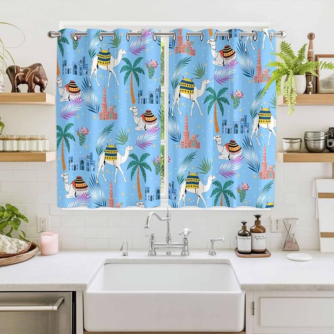 2 Panel Kitchen Cafe Curtains, Desert Landscape Sunlight Filtering Nature Air Through, Window Decor Tier Curtains for Living Room 104W x 72L inch Cute Camels Palm Trees Houses Leaves Blue
