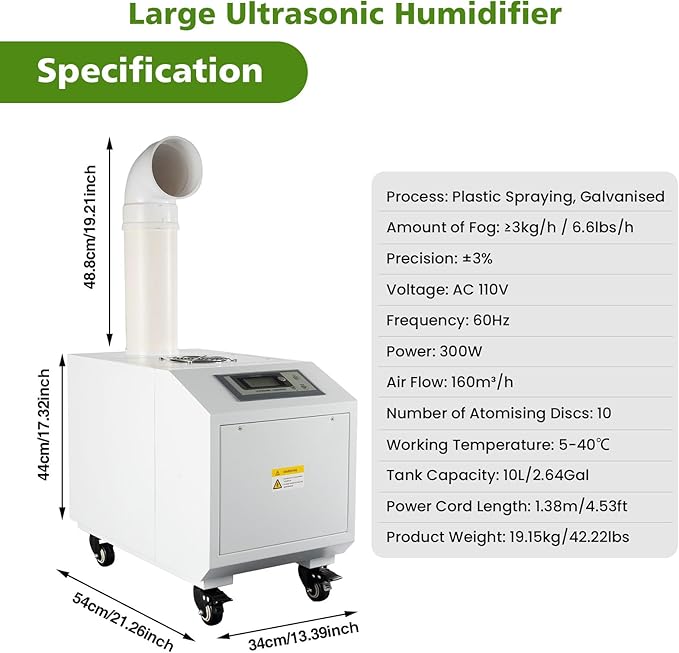 Ultrasonic Industrial Agricultural Humidifer Commercial Humidifier for Plants Large Volume (3kg/H) Automatic Mist Cooling Sprayer 160M³/H Airflow for Warehouse Greenhouse Garden Industrial