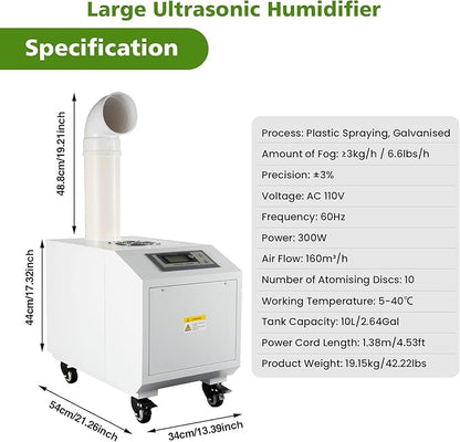 Ultrasonic Industrial Agricultural Humidifer Commercial Humidifier for Plants Large Volume (3kg/H) Automatic Mist Cooling Sprayer 160M³/H Airflow for Warehouse Greenhouse Garden Industrial
